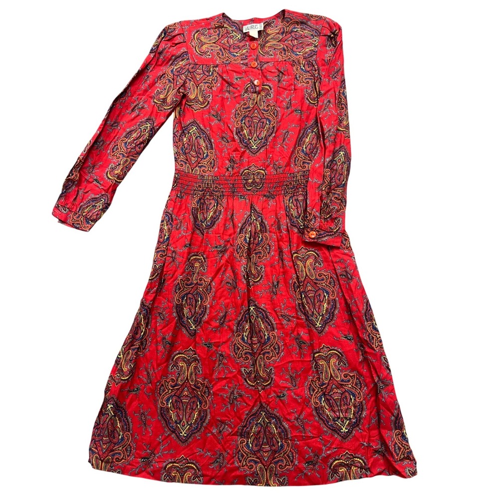 Taurus II Paisley Midi Dress Womens M Red Vintage Smocked Waist Long Sleeve Boho